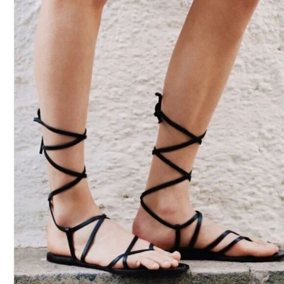 NWOT Zara Lace Up Tied Leather Jute Leather Black Sandals Size 41 - Picture 1 of 8